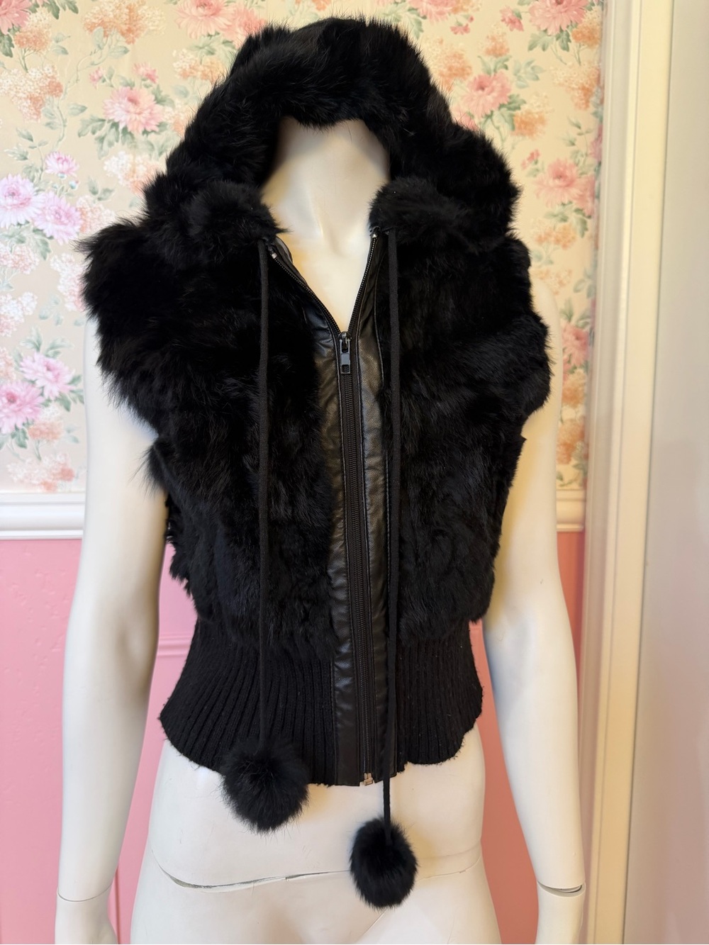 Y2K Black real Fur Hooded Vest Jacket with Pom Drawstrings